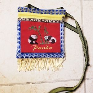 small gold tassled panda red and blue crossbody